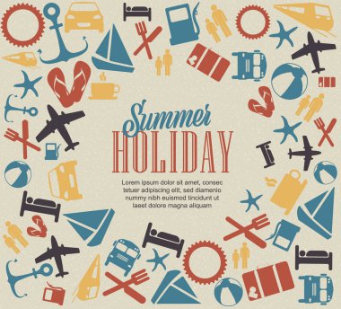 Yaz retro seyahat afiş afiş şablonu değişik seyahat tatil simgeleri ile farklı eski renk varyasyonları