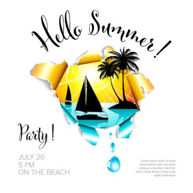 Merhaba Summer! Yaz partisi afişi afiş afiş afiş şablonu Yat denizi sıcak yaz ve beyaz arka planda palmiye ağaçları davetiye metniniz için yer alır