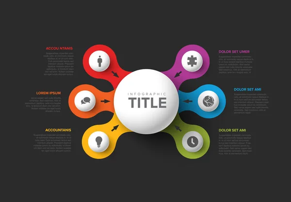 Modello Infografico Multiuso Vettoriale Con Titolo Sei Elementi Sfera Opzioni — Vettoriale Stock