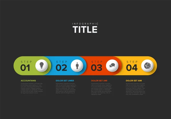 ベクトルダークプロセス進行テンプレート図スキーマには 4つのステップアイコンと説明があります 丸みを帯びたストライプとミニマルなデザインのアイコンを持つ白い球 — ストックベクタ