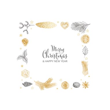 Vector vintage el çizimi Noel kartı çeşitli mevsimlik şekillerde - zencefilli ekmek, ökseotu, koni, kare bir noel çelengi üzerinde fındık - beyaz arka planda kare çerçeve versiyonu