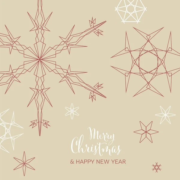 茶色の背景に白と赤の幾何学的な雪の結晶とミニマリズムクリスマスフライヤーカードのテンプレート ミニマリズムメリークリスマス幾何学カード — ストックベクタ