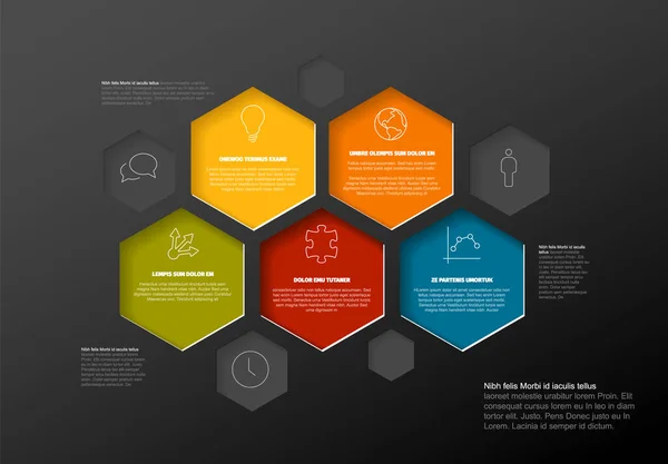 Vector Oscuro Minimalista Colorido Plantilla Informe Infográfico Con Hexágonos Color — Archivo Imágenes Vectoriales