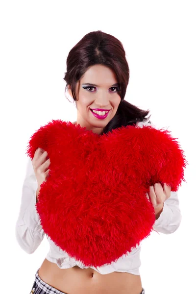 Kırmızı kalp ile güzel kız — Stok fotoğraf