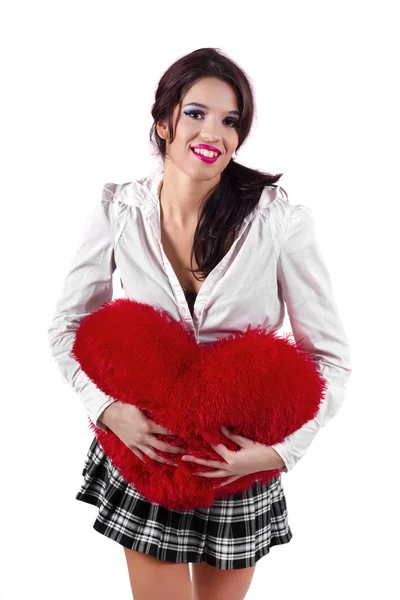 Krásná dívka s červeným srdcem — Stock fotografie