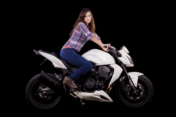 Belle fille à côté d'une moto blanche — Photo