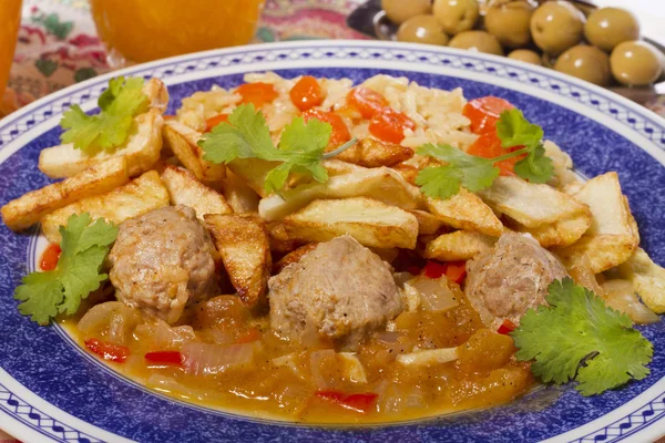Meat balls with rice and potatoes — Stock Photo, Image