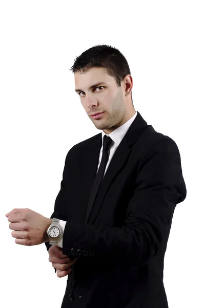 Handsome man adjusting wrist buttons of suit — Stock Photo, Image