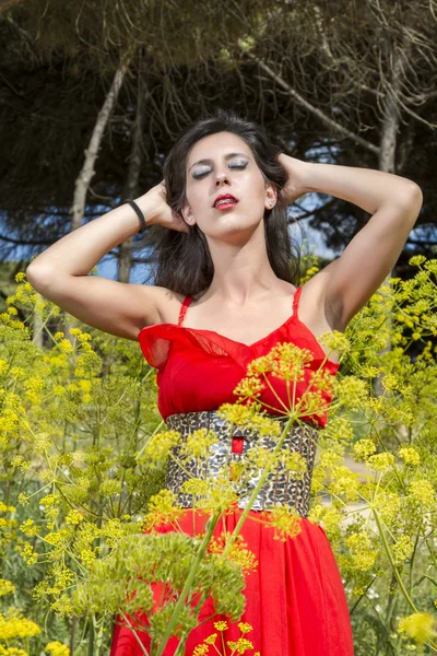 Young woman in a red dress — Stock Photo, Image