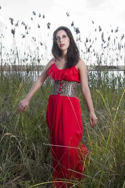 Young woman in a red dress — Stock Photo, Image