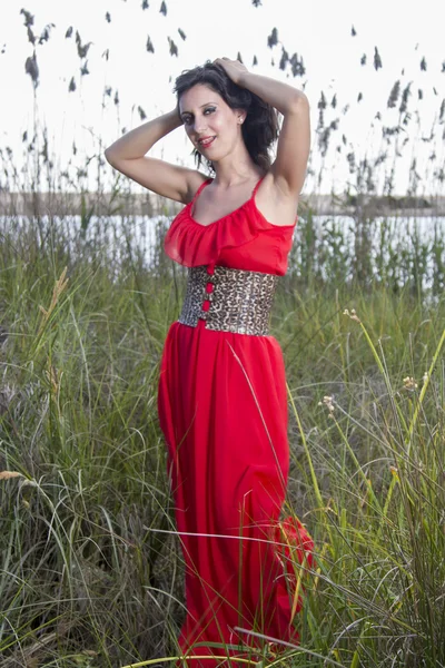 Young woman in a red dress — Stock Photo, Image