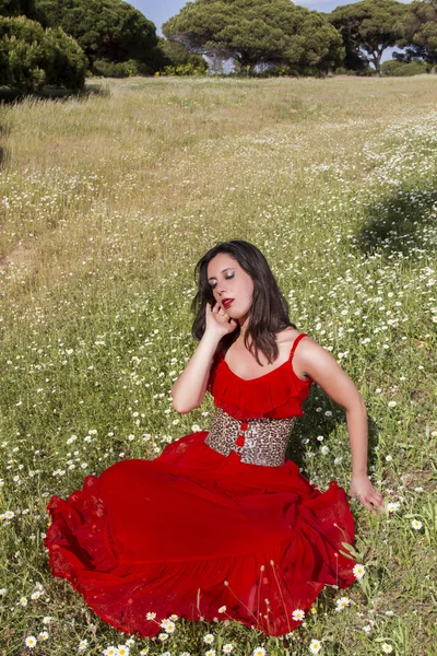 Young woman in a red dress — Stock Photo, Image