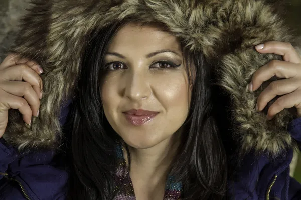 Young beautiful woman with big hairy winter jacket — Stock Photo, Image