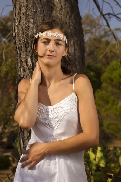 Girl with white dress in the forest — Stock Photo, Image