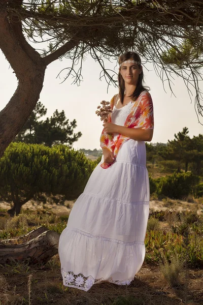 White dress girl on a forest — Stock Photo, Image