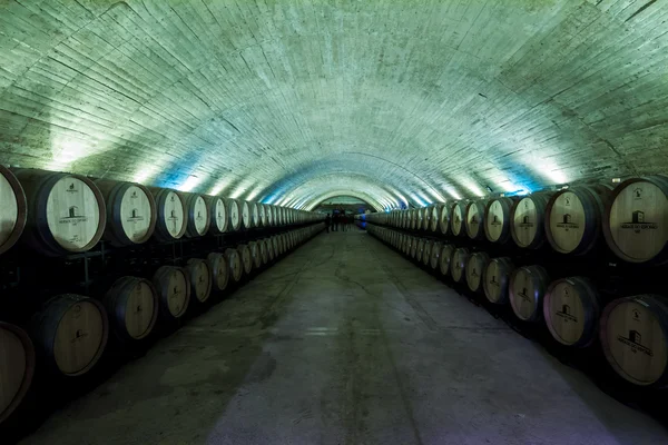 Long corridor view of barrels of fine Portuguese wine — Stock Photo, Image