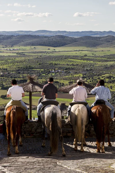 Cztery jeździec patrząc na niesamowity widok perspektywiczny — Zdjęcie stockowe