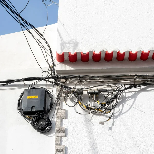 Close View Messy Electricity Wire Work Corner Building — Stock Photo, Image