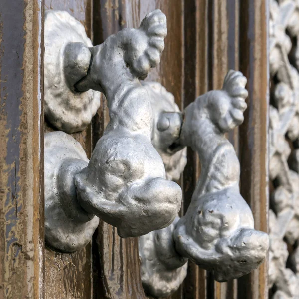 Drzwi Stylu Ryb Knockers Starych Drewnianych Drzwiach Wejściowych — Zdjęcie stockowe