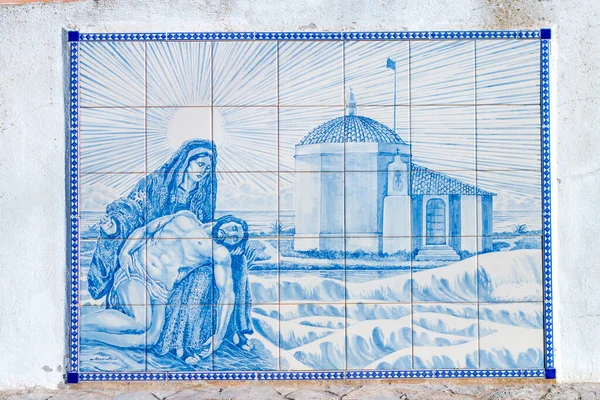 Close View Beautiful Artwork Portuguese Azulejo Ceramic Religious Scene — стоковое фото