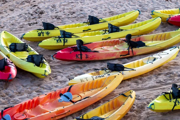 Group Yellow Kayaks Beach Sand — Stock Photo, Image