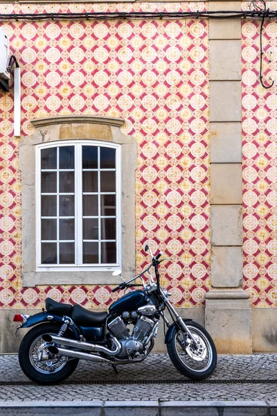 Road Motorcycle Parked Front Beautiful Pattern Azulejo Building Algarve Portugal — Stock Photo, Image