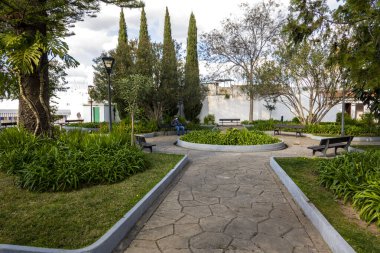 Portekiz 'in Loule şehrinde patikaları ve dinlenmek için bitkileri olan şehir parkı..