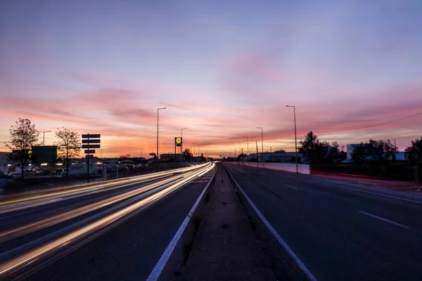 Olhao Portugal 15Th February 2022 Light Trails Traffic Sunset City — Stock Photo, Image