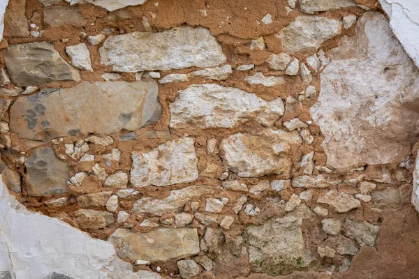 Vue Rapprochée Mur Ciment Partiellement Fissuré Révélant Des Pierres Saleté — Photo