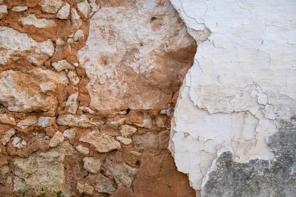 Close View Partial Cracked Cement Wall Revealing Stones Dirt — Stock Photo, Image