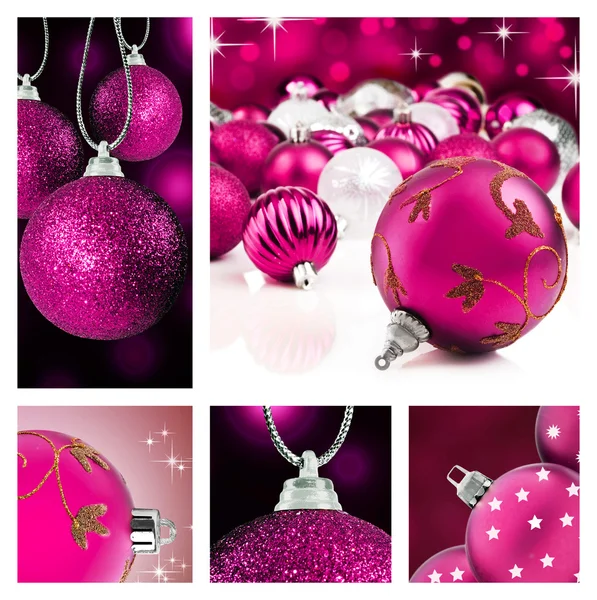 Collage av rosa juldekorationer på olika bakgrunder — Stockfoto
