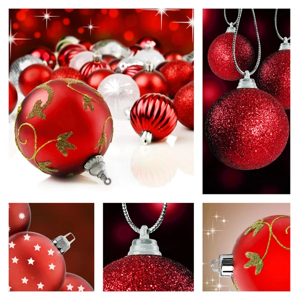 Collage of red christmas decorations on different backgrounds — Stock Photo, Image