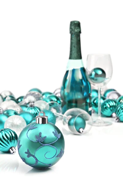 Blue christmas ornaments with sparkling wine — Stock Photo, Image