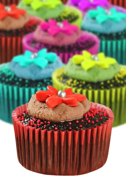 Chocolate cupcakes in colorful cups — Stock Photo, Image