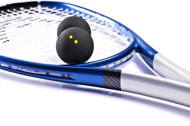 Blue and silver squash racket and balls clipart