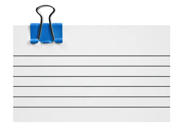 Tarjeta blanca en blanco con clip azul sobre blanco — Foto de Stock