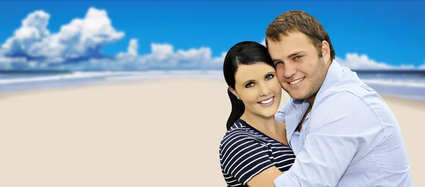 Casal jovem feliz bonita com mar no fundo Fotos De Bancos De Imagens Sem Royalties