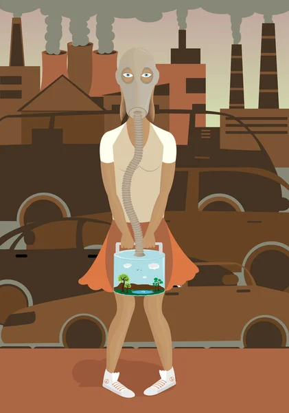 Poor environment Girl in a gas mask outdoors image city pollutio Vector Graphics