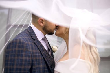 Gelin ve damat düğün töreninde duvak takarak öpüşürler. Nazik bir öpücük ve damadın dudakları, yaklaşın. Gelinin gelinliği ve damadın klasik takımı.