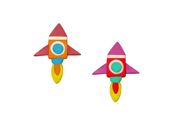 Two Space Rockets Made Plasticine White Background Plasticine Toy Spaceships — Stock Photo, Image