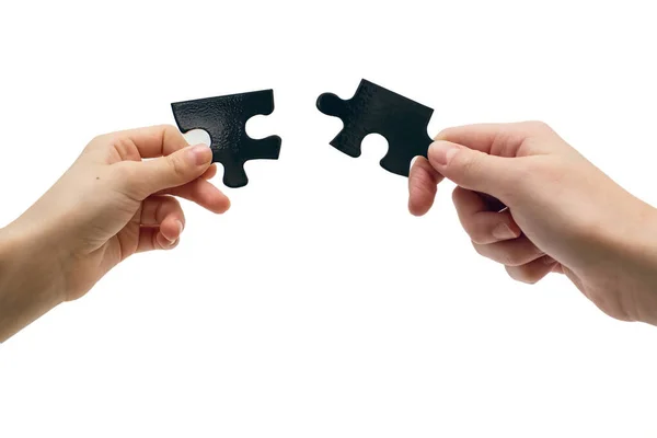 Deux Mains Relient Puzzle Sur Fond Blanc Gros Plan Concept — Photo
