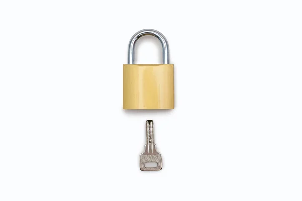 Closed Padlock Key White Background Golden Color Lock Silver Key — Stock Photo, Image