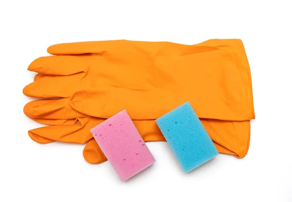 Rubber Gloves Sponges Different Colors White Isolated Background Orange Gloves — Stock Photo, Image