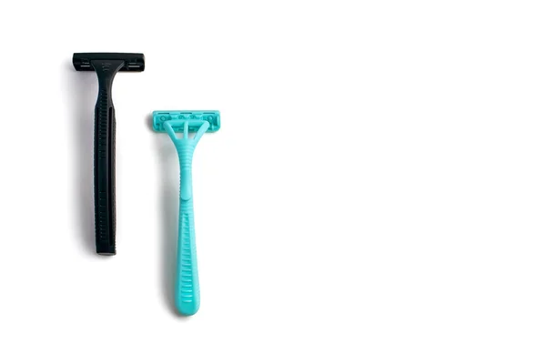 Two Plastic Razors Black Blue White Background Male Female Disposable — Stock Photo, Image