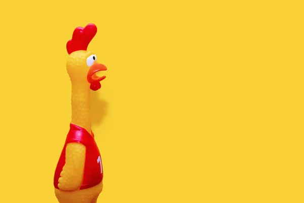 Rubber Toy Form Rooster Yellow Background Funny Toy Rooster Has — Zdjęcie stockowe