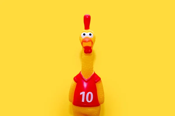 Rubber Toy Form Crowing Rooster Yellow Background Center Funny Toy — Stockfoto