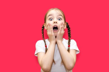 A child girl with pigtails on a red background with a surprised look holds her head. Shocked little girl with big eyes and open mouth. Child with a grimace of shock and surprise