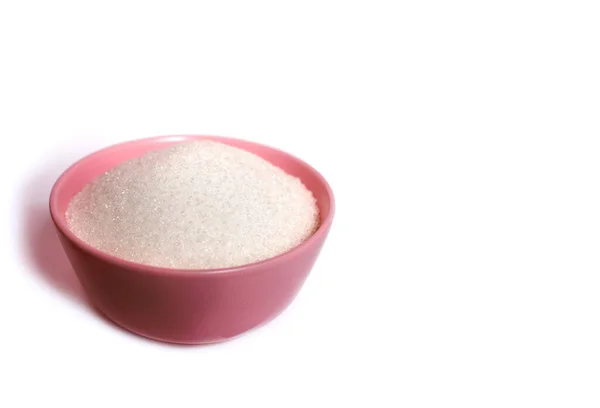 Roze Diepe Plaat Met Witte Suiker Een Geïsoleerde Witte Achtergrond — Stockfoto