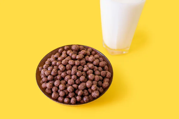 Chocolate Flakes Form Balls Bowl Glass Milk Yellow Background American — Stock Photo, Image