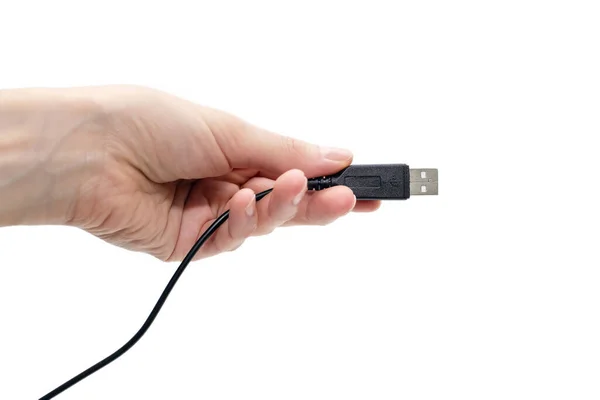 Black Usb Cable Hand White Background Modern Technologies Everyday Life — Stock Photo, Image